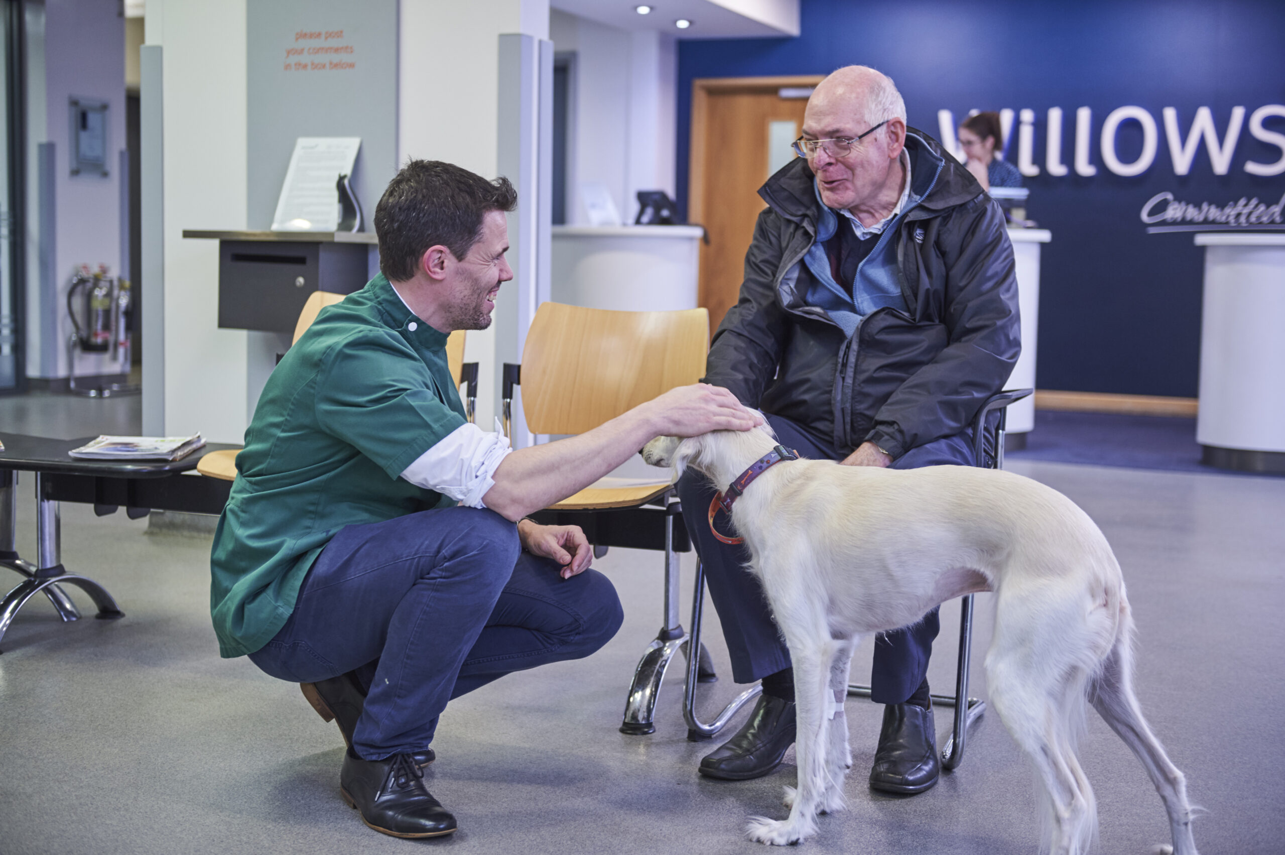 Vet bending down to stroke cream coloured dog with patient